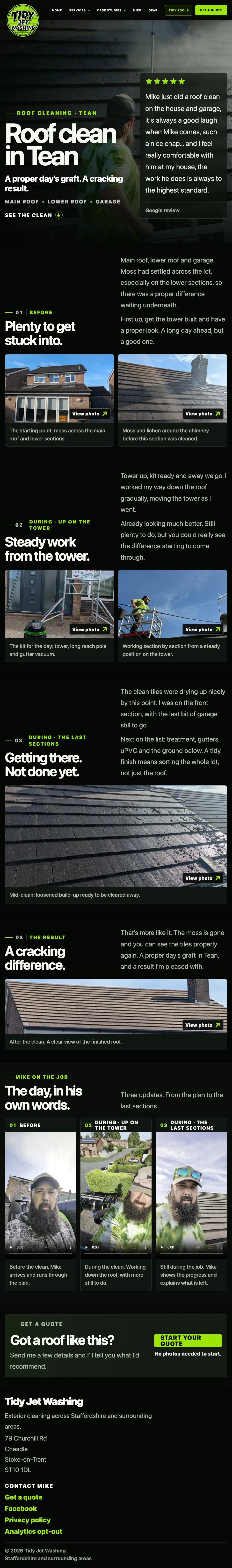 The complete Roof clean in Tean webpage, with enlarged text, before, during and after photos, Mike’s video updates and the footer. Reviewer’s name removed.