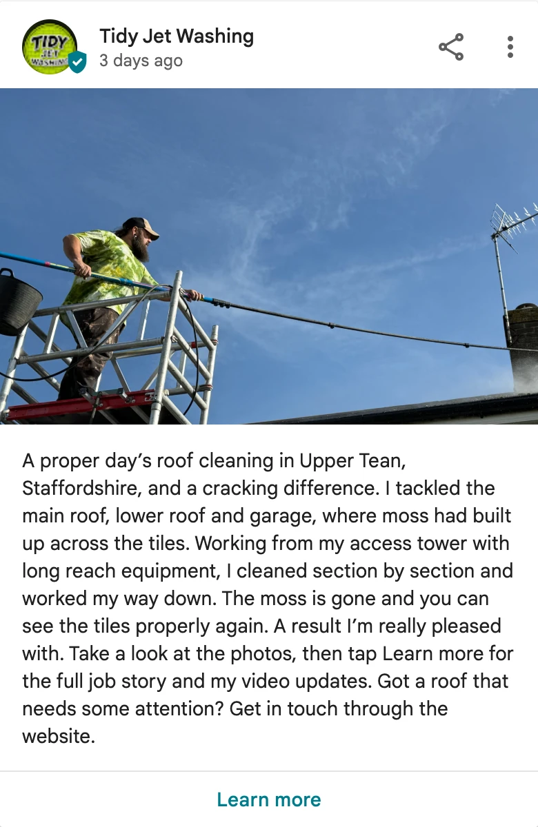 Expanded Google post preview with Mike cleaning the Upper Tean roof, the complete job description and Learn more link.