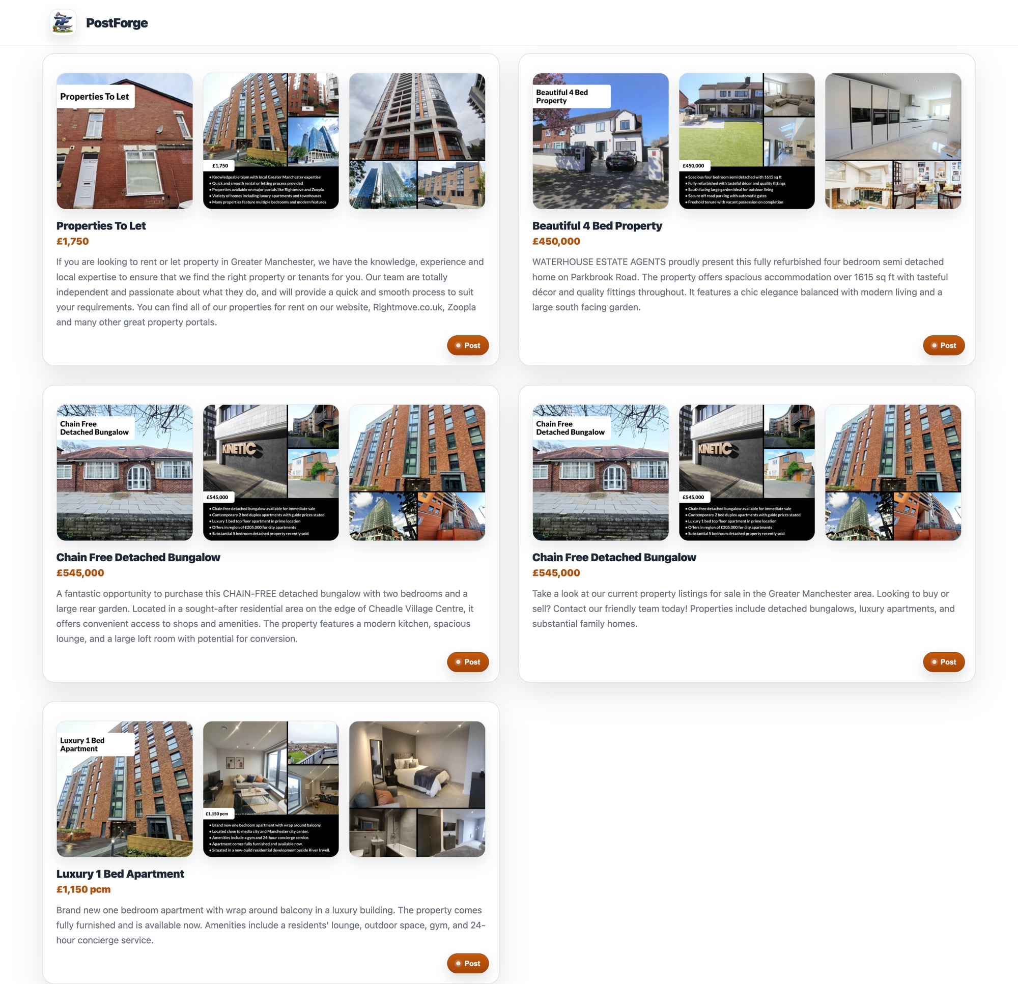 PostForge examples page — full list of generated posts