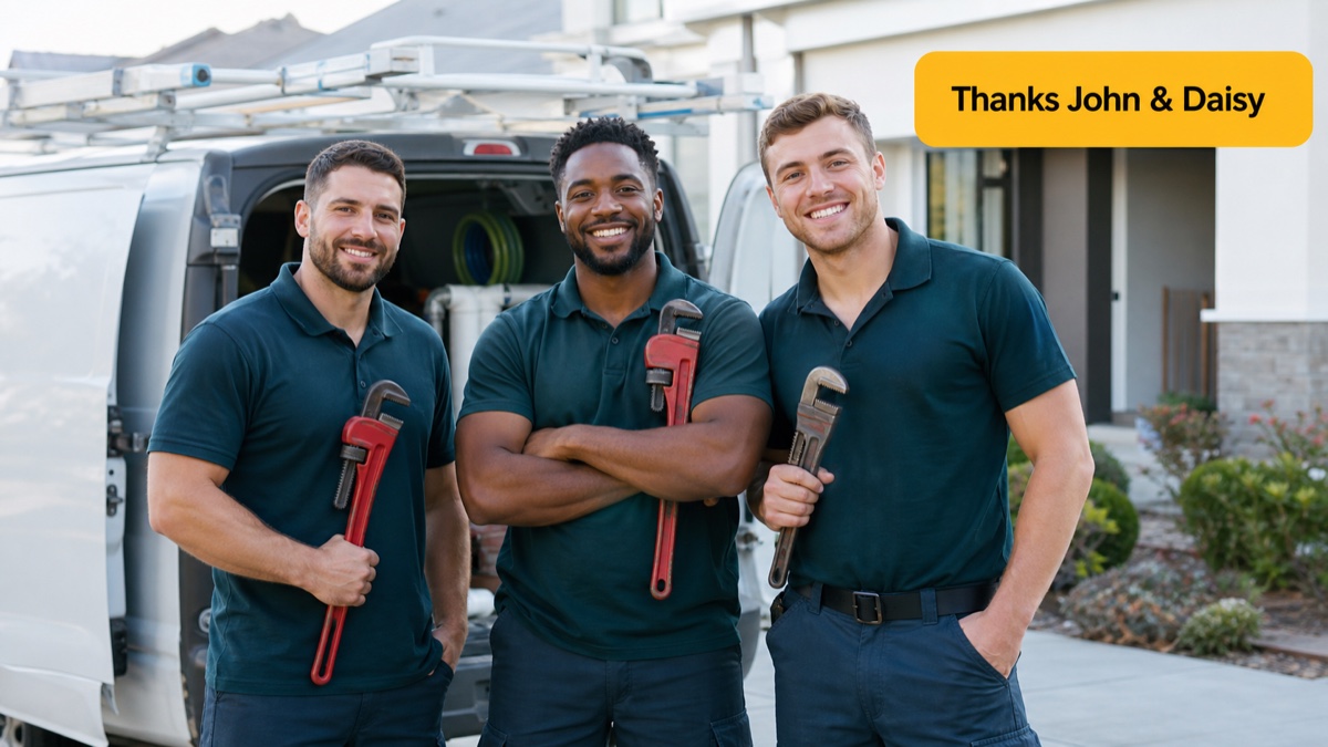 Three plumbers standing by a work van holding wrenches with a Thanks John and Daisy label.