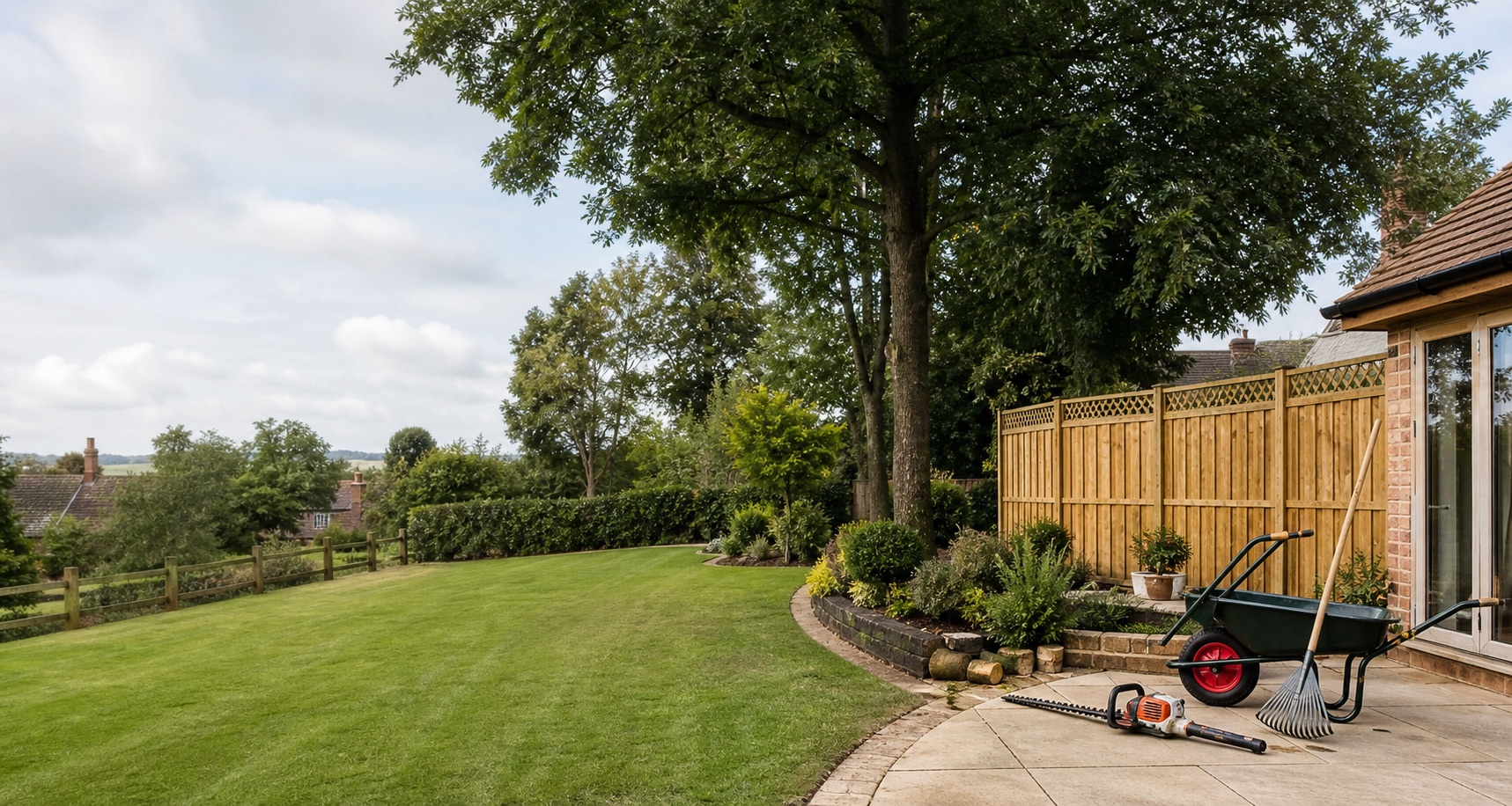 Tidy garden with mature trees, timber fencing and a paved patio representing tree care and property maintenance